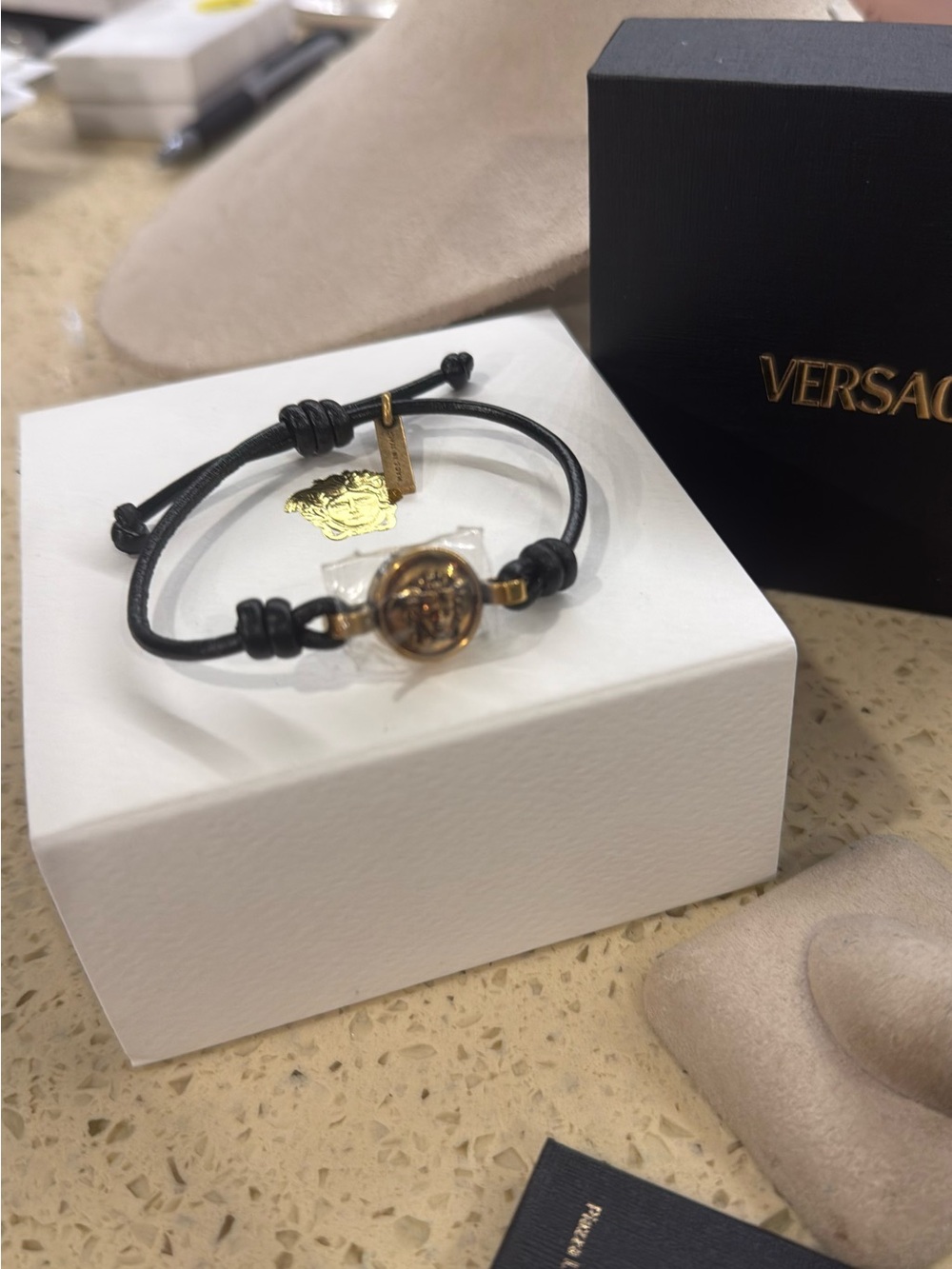 Versace Black Leather Cord Bracelet with Gold Medusa Button